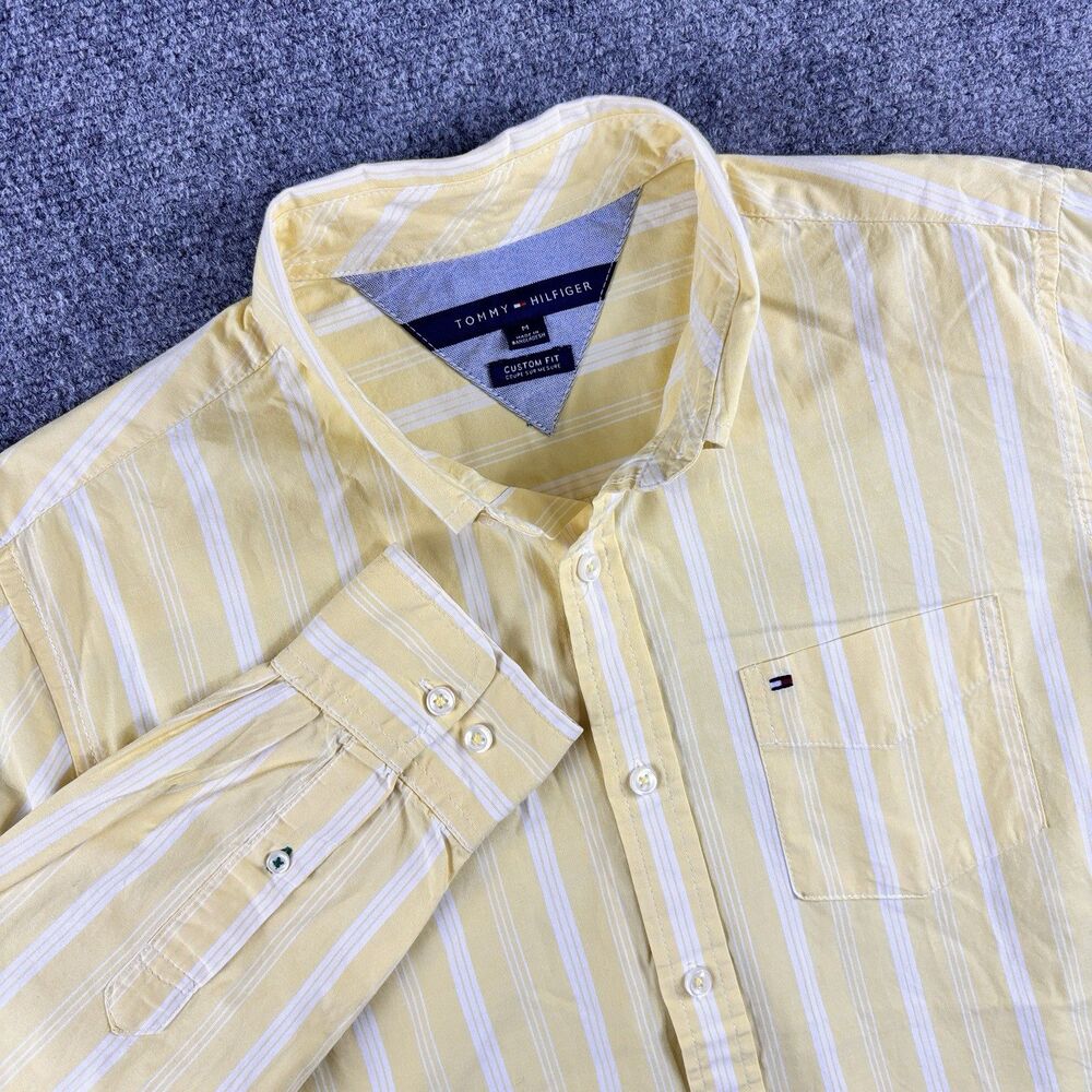 Tommy Hilfiger Shirt Mens M US M Yellow White Stripe Custom Fit Pocket